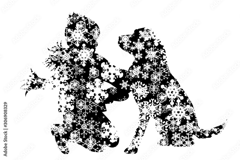 Fototapeta premium Vector silhouette of snowy girl with her dog on white background. Symbol of winter, child, pet, puppy, home, animal, season, snow, cold, snowflake, Christmas, frost.