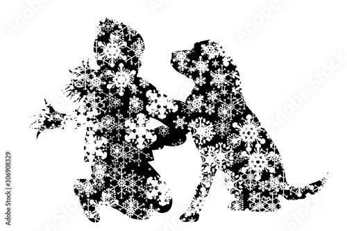 Vector silhouette of snowy girl with her dog on white background. Symbol of winter, child, pet, puppy, home, animal, season, snow, cold, snowflake, Christmas, frost.