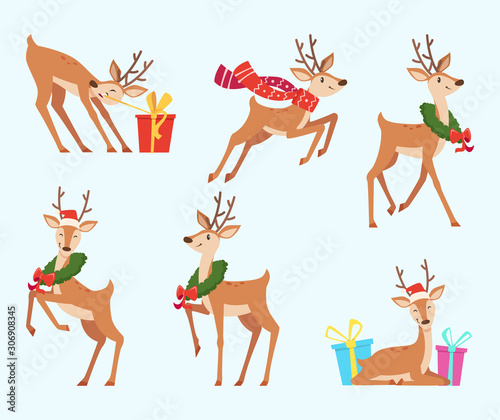 Christmas deer. Cute fairytale animal reindeer in cartoon style vector action poses. Illustration deer christmas, animal reindeer set