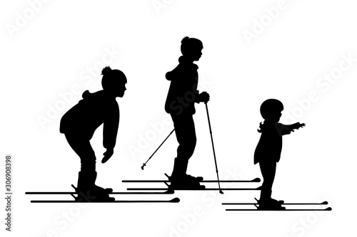 Vector silhouette of children who skiing on white background. Symbol of winter, child, boy, sport, girl, friends, season, snow, cold, Christmas, frost.