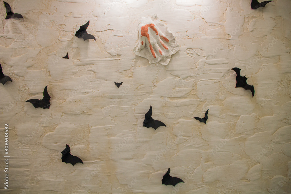 Halloween decorations and bats, spider web on the wall foto de Stock |  Adobe Stock