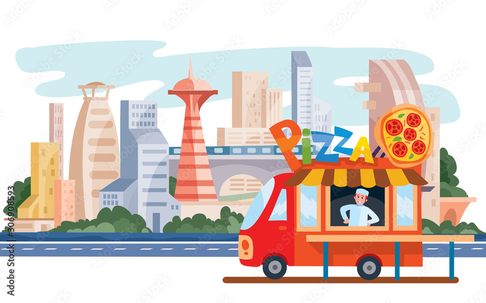 Obraz premium truck that sells street food, pizza, fast food, stands on the background of the big city, vector illustration