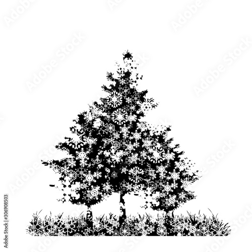 Vector silhouette of snowy forest on white background. Symbol of winter, meadow, park, tree, season, snow, cold, snowflake, Christmas, frost.