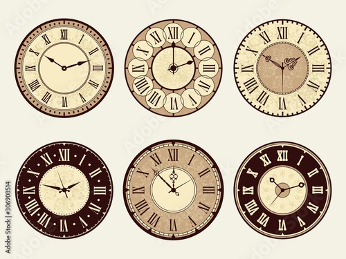 Vintage clock. Elegant antique metal watches vector illustrations. Minute and number clock face, roman or classic