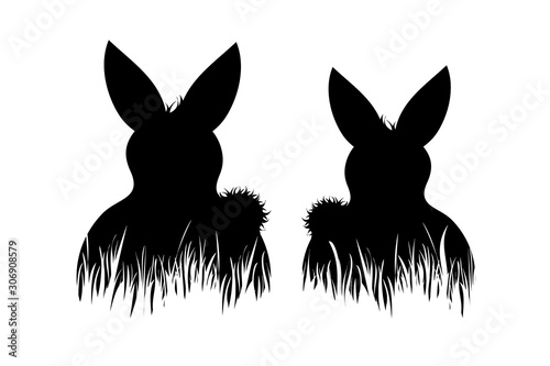 Vector silhouette of rabbit sitting in the grass on white background. Symbol of nature, hare, forest, wild, meadow, family, couple, mother, Easter, spring, daughter.