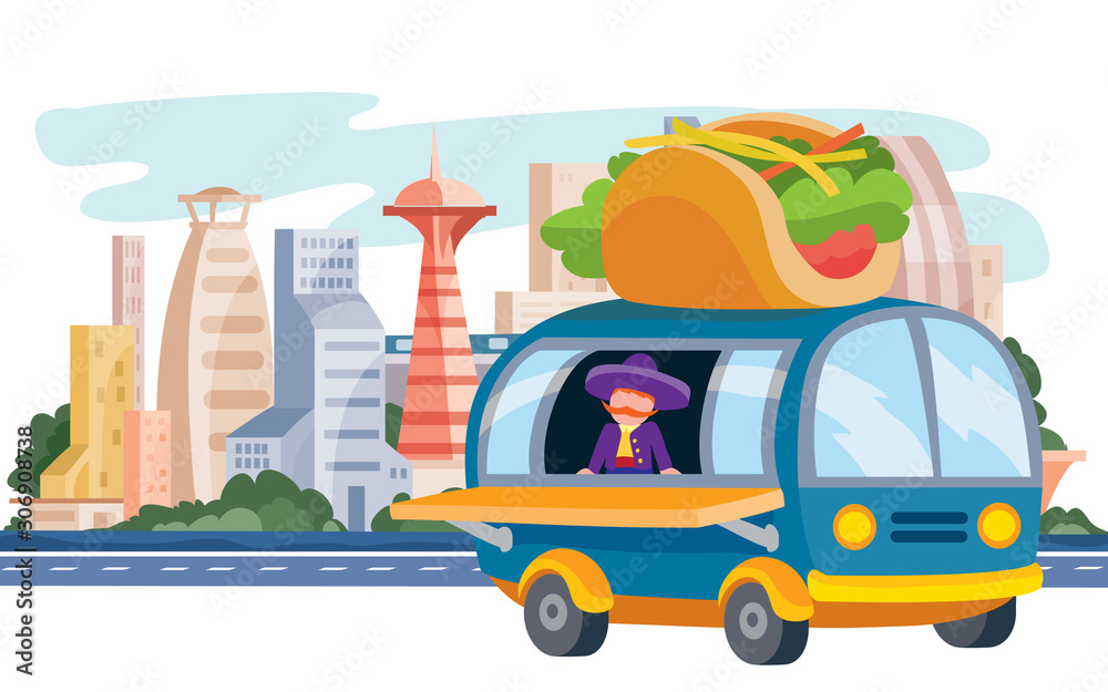 Naklejka premium truck that sells street food, tacos, fast food, stands on the background of the big city, vector illustration