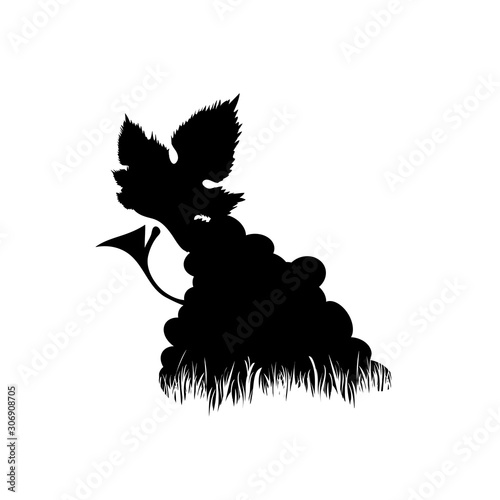 Vector silhouette of grapes in the grass on white background. Symbol of fruit, nature, park, garden, food, plantation, harvest, vineyard, field.