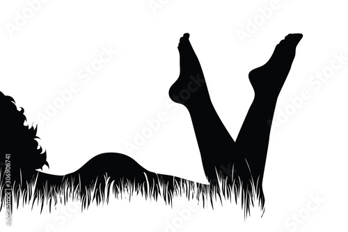 Vector silhouette of woman lying in the grass on white background. Symbol of girl, rest, relaxation, naked, nature, park, garden.