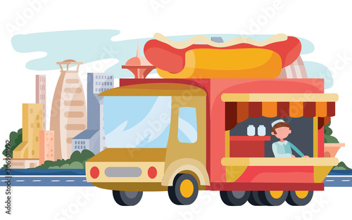 truck that sells street food, hot dog, sausage, bun, fast food, stands on the background of the big city, vector illustration
