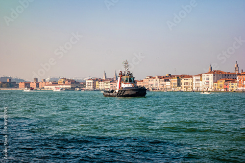 Powerful tugboat for cruise liners sailing in Venetian Lagoon
