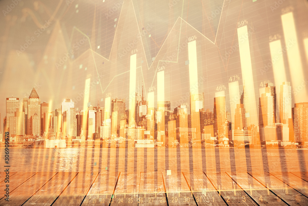 Forex graph on city view with skyscrapers background multi exposure. Financial analysis concept. Forex graph on city view with skyscrapers background multi exposure. Financial analysis concept.