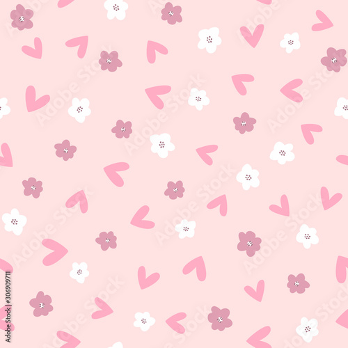 Cute seamless pattern with scattered flowers and hearts. Girly print. Vector illustration.