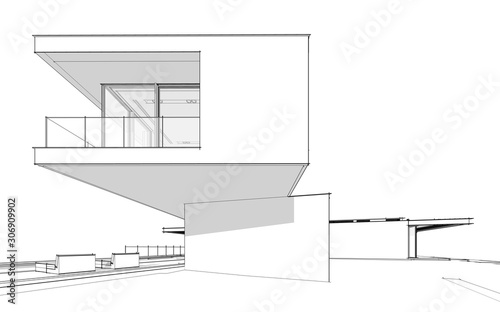 3d rendering of modern cozy house on the hill with garage and pool for sale or rent. Black line sketch with soft light shadows on white background.