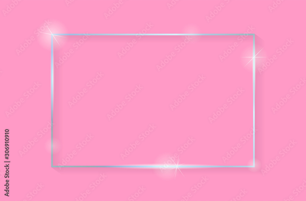 Blue shiny glowing vintage frame with shadows isolated on pink background. Blue luxury realistic rectangle border. Vector