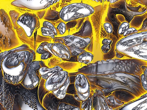 3D background with graphic fractals. Illustration with magic fantasy world. Pattern with future shapes on virtual cosmic reality. Print for phone case, pillow, textile/fabric, gift and wrapping paper.