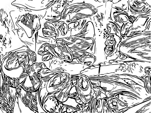 Black and white abstract coloring page with graphic fractals. Pattern with future shapes on virtual cosmic reality. Print for phone case, pillow, textile/fabric, gift and wrapping paper.