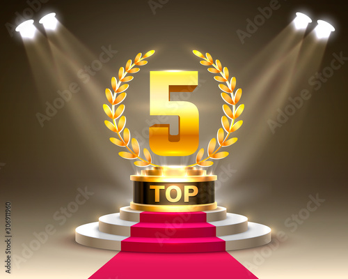 Top 5 best podium award sign, golden object.