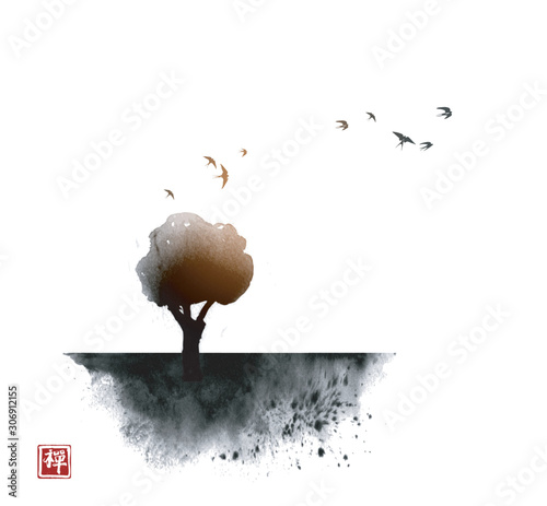 Big tree and flock of birds in the sky. Traditional oriental ink painting sumi-e, u-sin, go-hua. Hieroglyph - zen