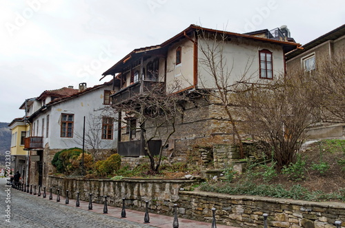 View of a residential neighborhood with old houses interestingly situated next to each other on a steep hill in Veliko Tarnovo, the old capital of Bulgaria, Europe 