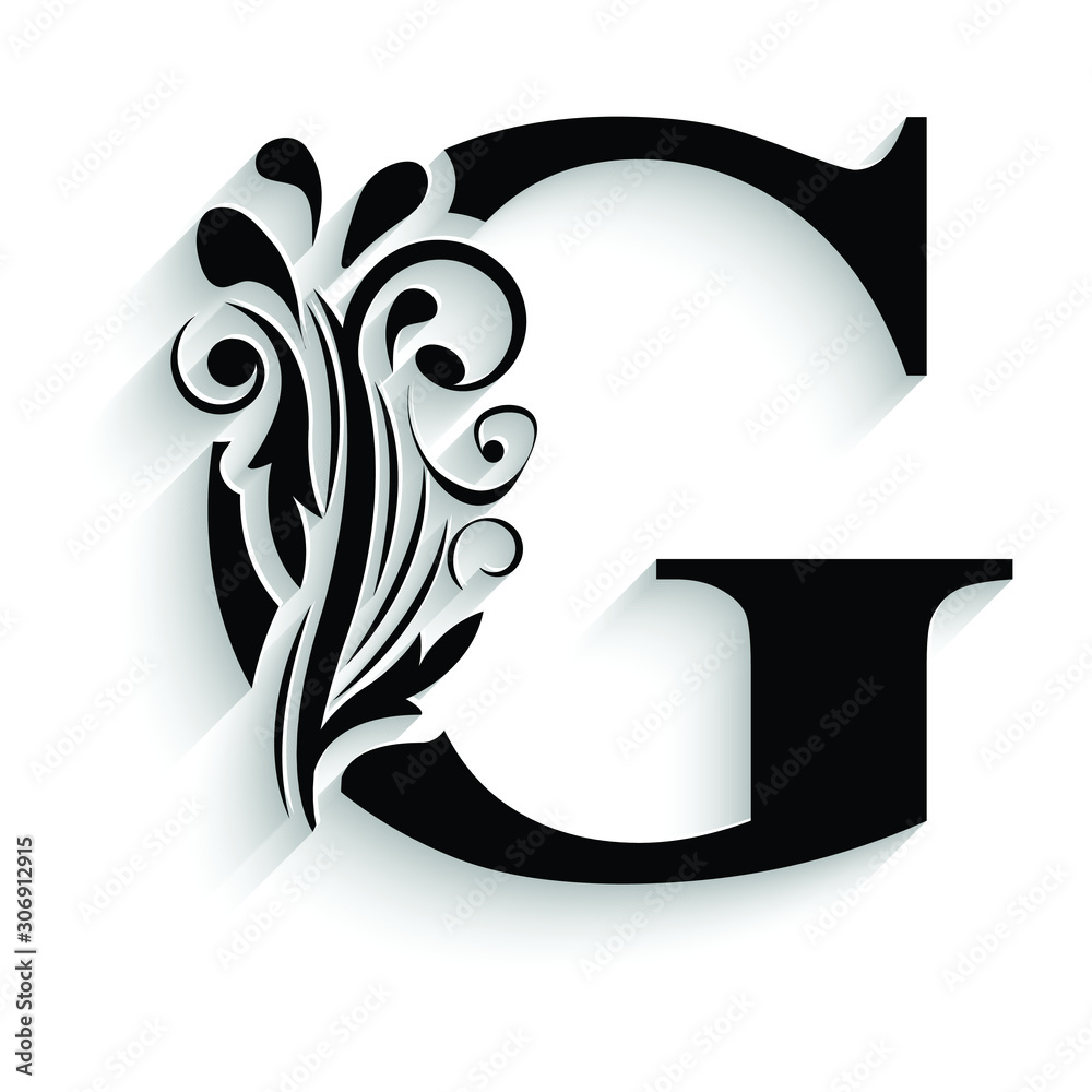 letter G. Black flower alphabet. Beautiful capital letters with shadow