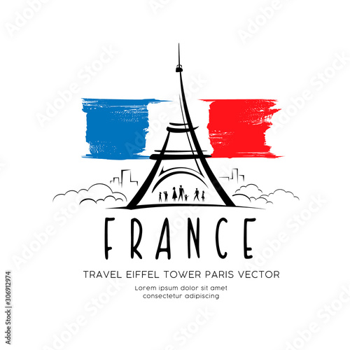 Eiffel tower flag of france sketching vector design background, illustration