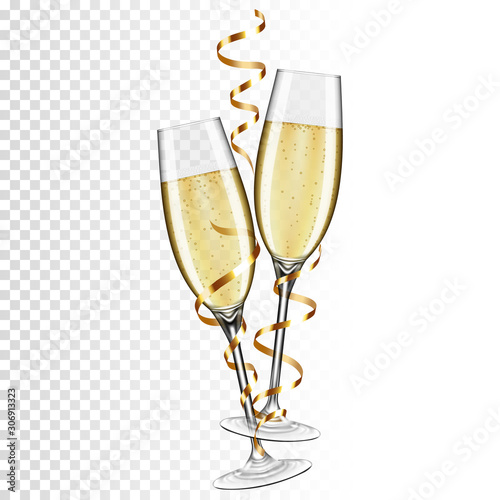 Two glasses of champagne with ribbon, isolated on transparent background. photo