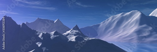 Snow-capped peaks, glacier in the mountains. 3d rendering.