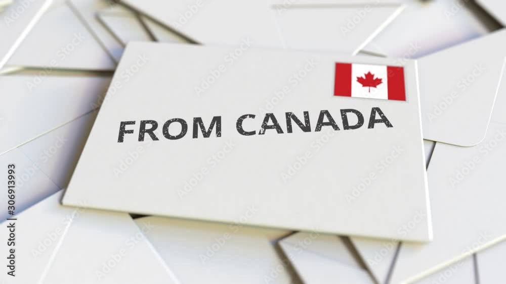 Letter with From Canada text on pile of other Letters. International mail related conceptual 3D animation Letter with From Canada text on pile of other Letters. International mail related conceptual 3D animation