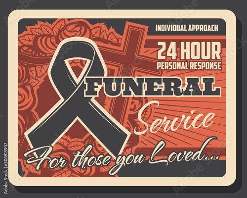 Funeral service, burial ceremony organization agency or company retro poster. Vector RIP black ribbon, cross and wreath, cremation columbarium and funeral catafalque hearse services