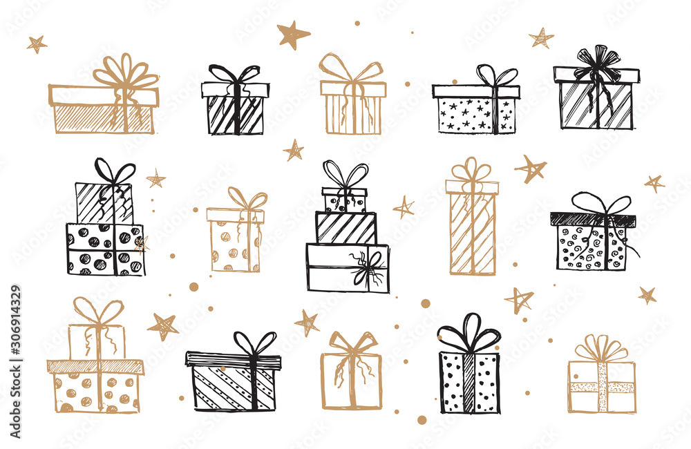 Naklejka premium Doodle icons of gift box set. Hand drawn elements.