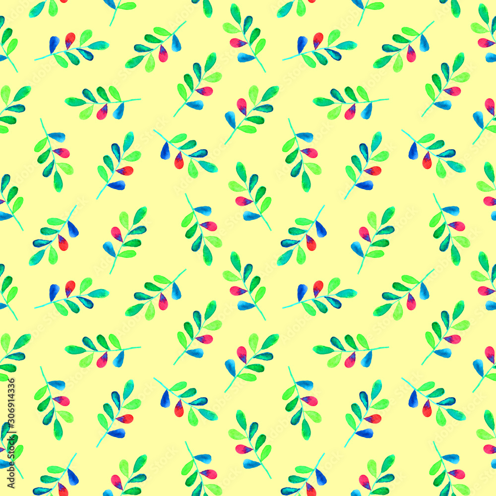 Seamless pattern with watercolor leaves on a yellow background Seamless pattern with watercolor leaves on a yellow background