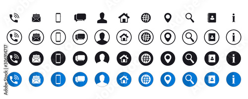 Business Card Icon Collection. Contact Information icons set. Web icons set. Bundle set of Contact us icons. Info vector symbols and signs of differents styles. Vector design