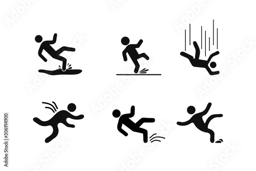 Set of Caution symbols with figure man falling. Wet floor, tripping on stairs, fall down from ladder. Workplace safety photo