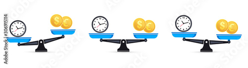 Time is money on scales. Set of Scales. Money and Time balance an imbalance of scales. Clock and money symbols on scale. Scales. Time is Money Business Concept