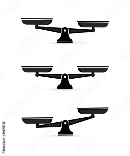 Black Scales icons. Bowls of scales in balance, an imbalance of scales. Libra in simple flat design. Vector illustration on white background