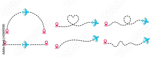 Aircraft routes dotted lines. Airplane track to point with dashed line way. Tourism and travel. Airplanes flight with dotted trace. Tourism and travel line trace with location