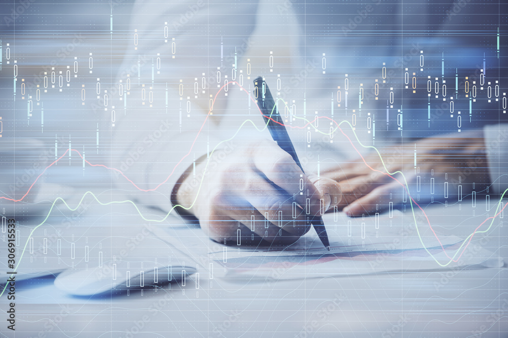 Financial trading chart multi exposure with man desktop background. Financial trading chart multi exposure with man desktop background.