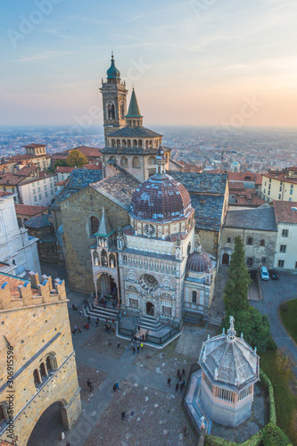 View from Campanone with Duomo to left and Cappella Colleoni/Basilica di Santa Maria Maggiore to right, Bergamo, Lombardy, Italy 