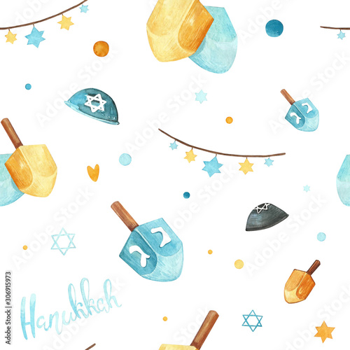 Hanukkah seamless pattern. Hand drawn watercolor illustration isolated on white background.Menorah candles, David star, flying dove and handwritten lettering. Jewish festival of lights pos