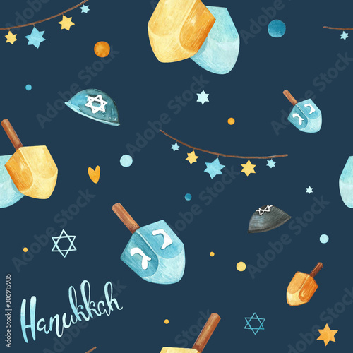 Hanukkah seamless pattern. Hand drawn watercolor illustration isolated on blue background.Menorah candles, David star, flying dove and handwritten lettering. Jewish festival of lights postcard layout