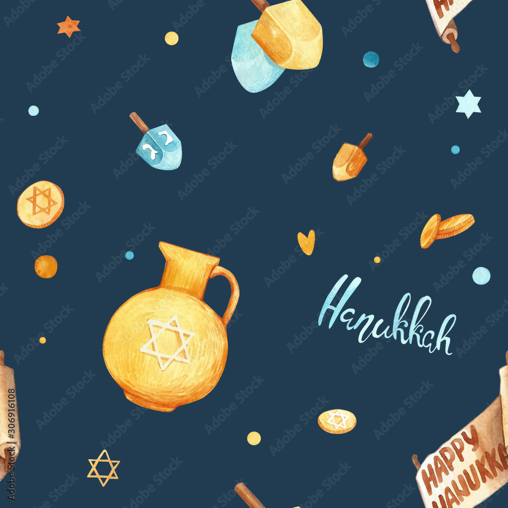 Hanukkah seamless pattern. Hand drawn watercolor illustration isolated on blue background.Menorah candles, David star, flying dove and handwritten lettering. Jewish festival of lights postcard layout