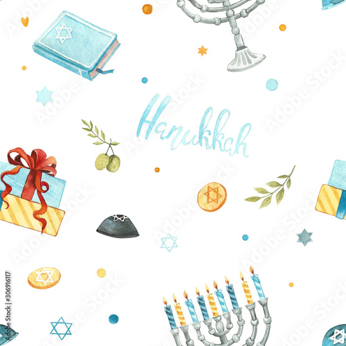 Hanukkah seamless pattern. Hand drawn watercolor illustration isolated on white background.Menorah candles, David star, flying dove and handwritten lettering. Jewish festival of lights pos