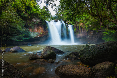 Landscape of peaceful waterfall in the tropical rainforest