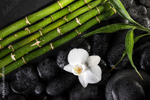 Bamboo sticks with black zen stones and white orchid on a black background. Spa concept