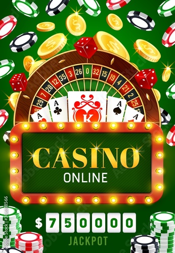 Casino poker game, roulette jackpot money win, golden coins splash. Vector online casino gambling game and wheel of fortune lucky slot machine, playing cards, chip and dice in neon sign