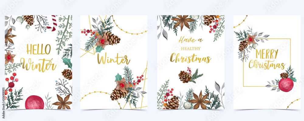Obraz Collection of Christmas background set with holly leaves,flower,geometric.Editable vector illustration for New year invitation,postcard and website banner