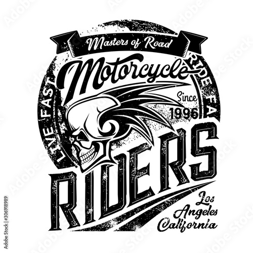 Biker club emblem, skull and wings icons, motorcycle racers and motorbike racing. Vector gunge T-shirt print of Los Angeles and California motorbike road masters gang with ribbon