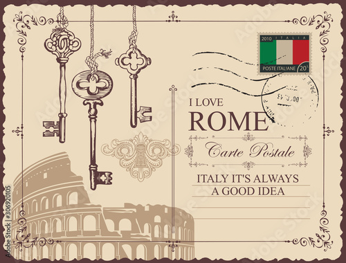 Retro postcard with Roman Coliseum, Italian landmark. Vector postcard in vintage style with old keys, words I love Rome and a place for text on beige background with postage stamp and postmark