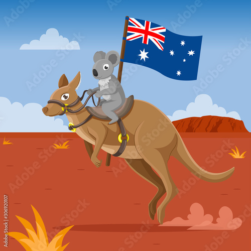 koala and kangaroo carrying Australian flag