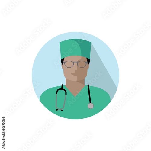Vector medical doctor icon. Image of a male doctor, nurse or orderly with a stethoscope in a green uniform, glasses and headdress. Color Illustration of medical doctor avatar in flat style in circle